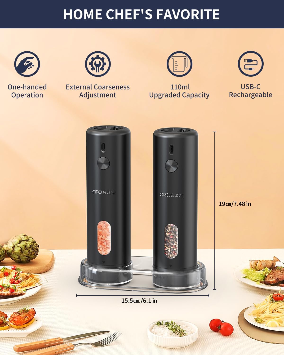 CIRCLE JOY Rechargeable Electric Salt Pepper grinder Set Rechargeable LED One-Handed Use