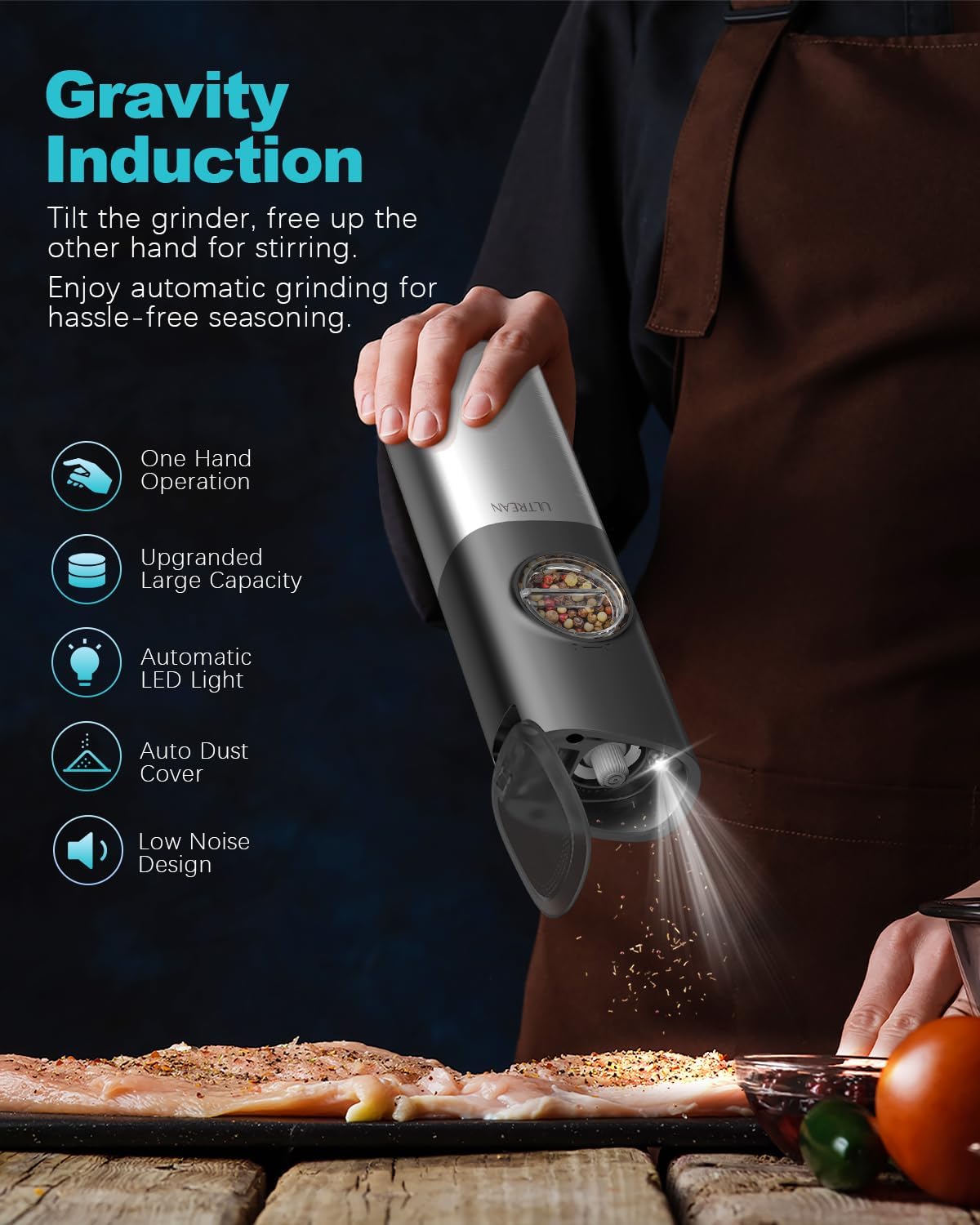 Ultrean Electric Salt Pepper Grinder Set - Rechargeable Adjustable Stainless Steel