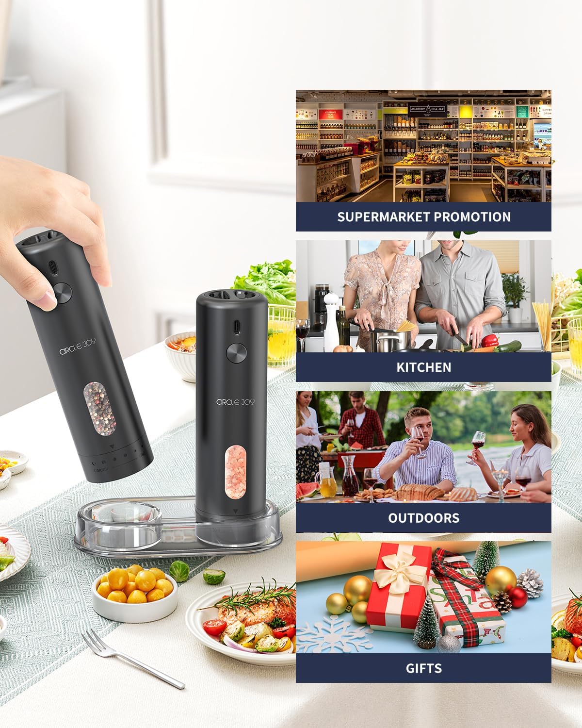 CIRCLE JOY Rechargeable Electric Salt Pepper grinder Set Rechargeable LED One-Handed Use