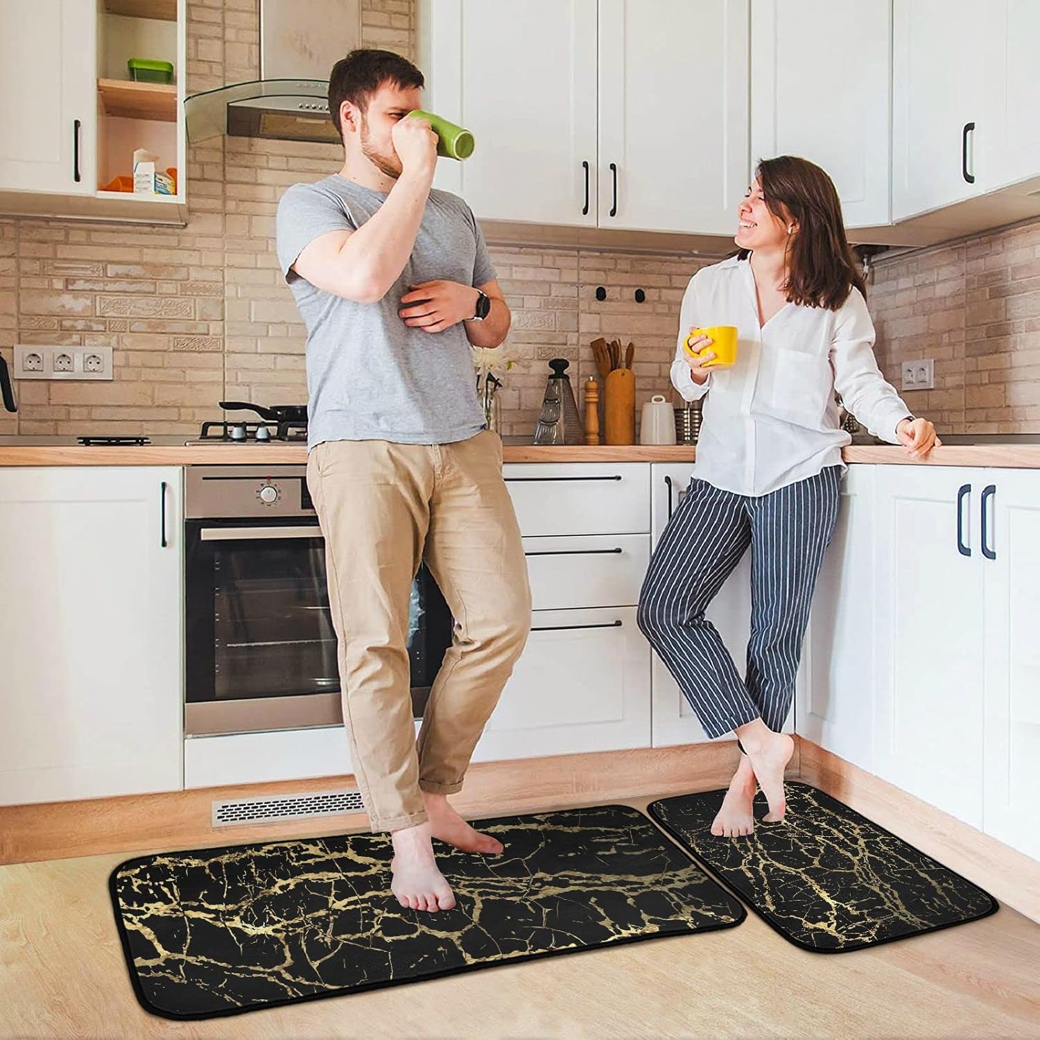 JIPONI Black Gold Marble Kitchen Rugs Set of 2