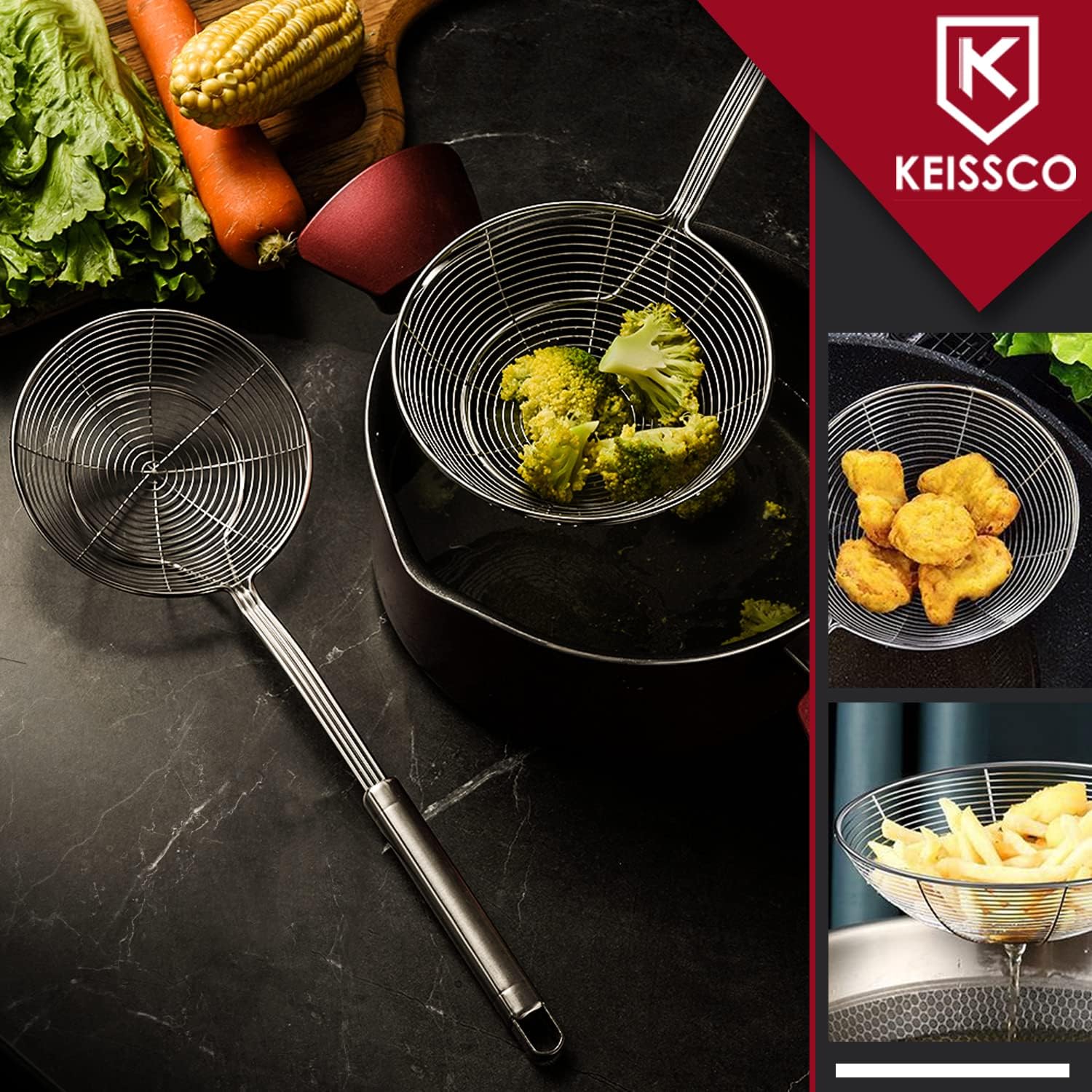 KEISSCO Stainless Steel Spider Skimmer Spoon Set 3-Piece Professional Kitchen Tool
