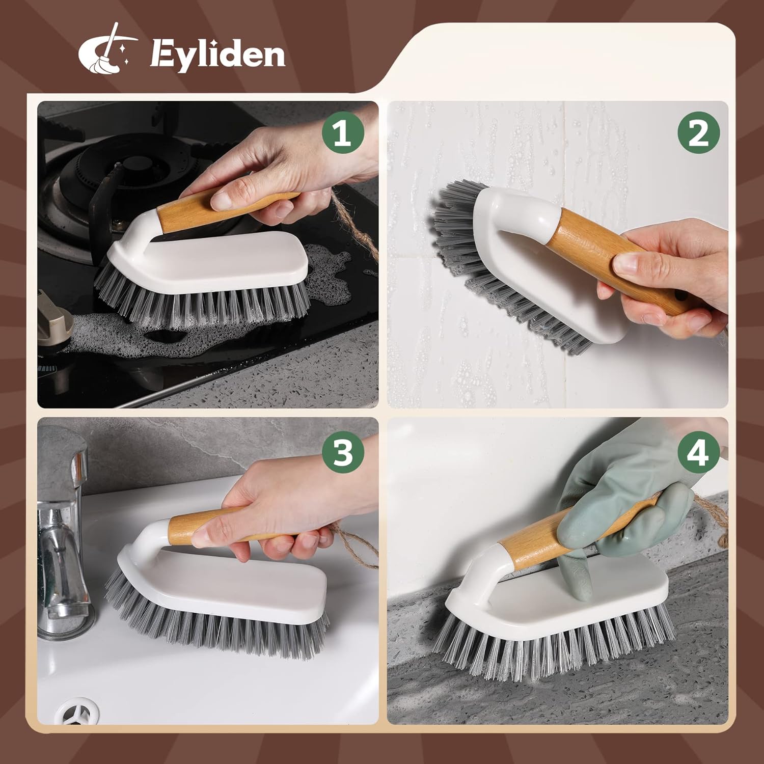 Eyliden 2-Piece Scrub Brush Set with Bamboo Handle for Efficient Cleaning
