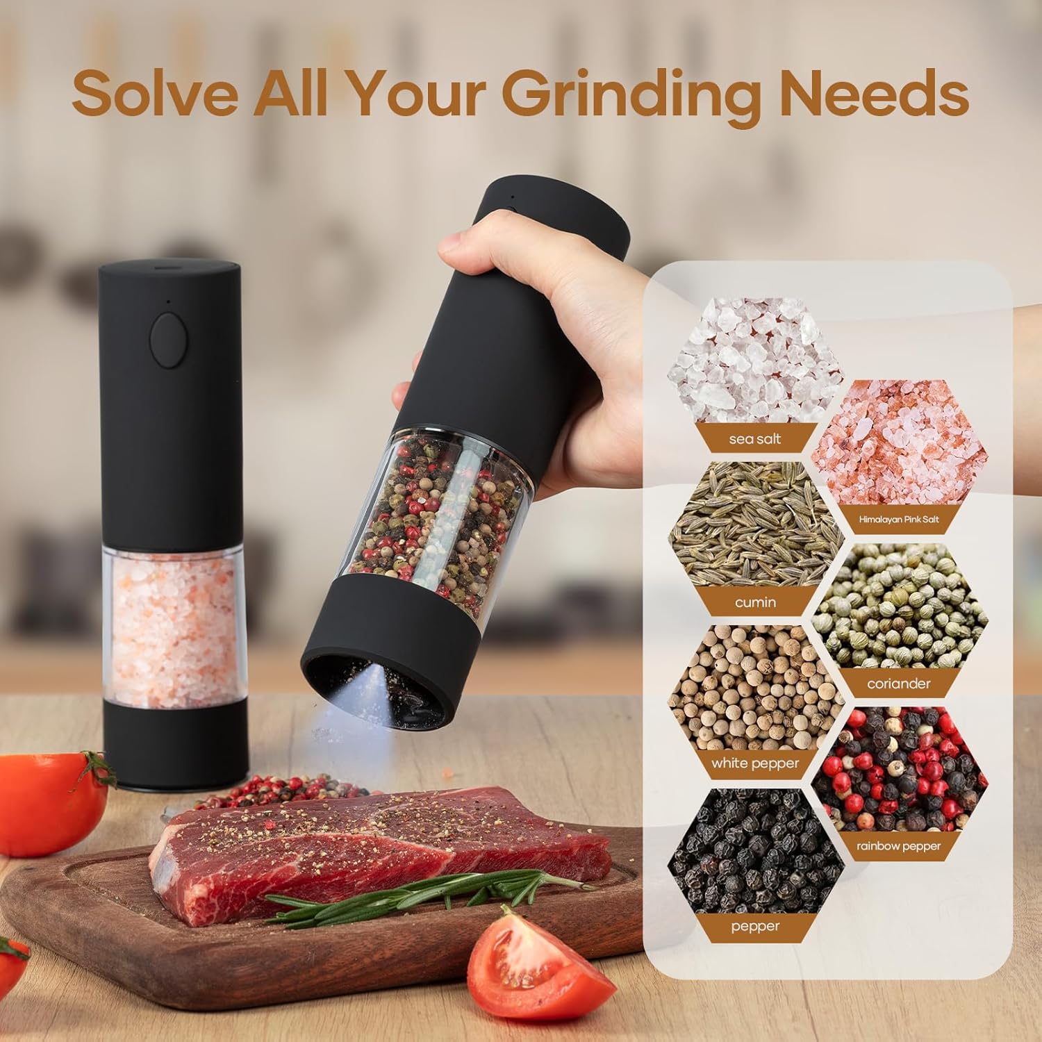 Adjustable Electric Salt and Pepper Grinder Set with USB Rechargeable Technology