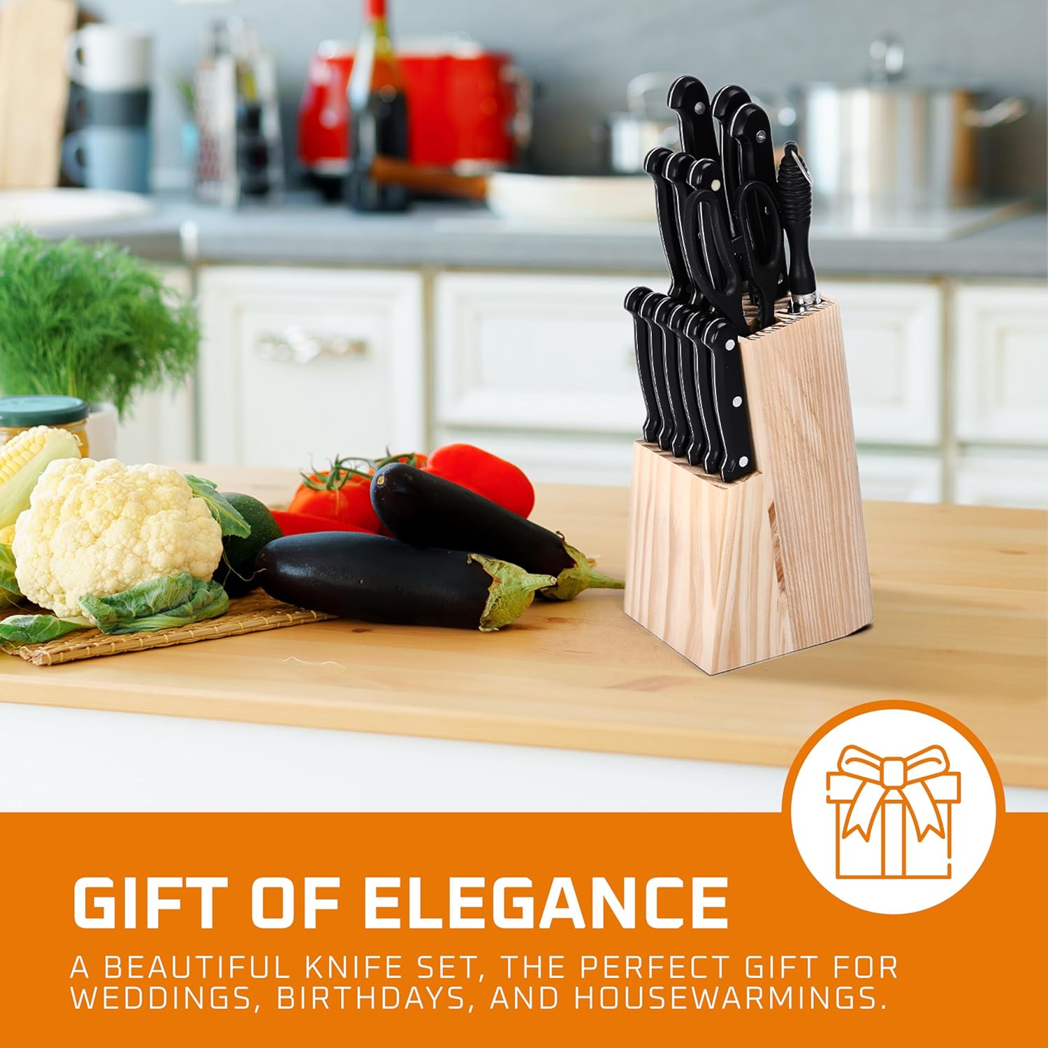 Bruntmor Black Professional Kitchen Knives Set with Built-in Sharpener