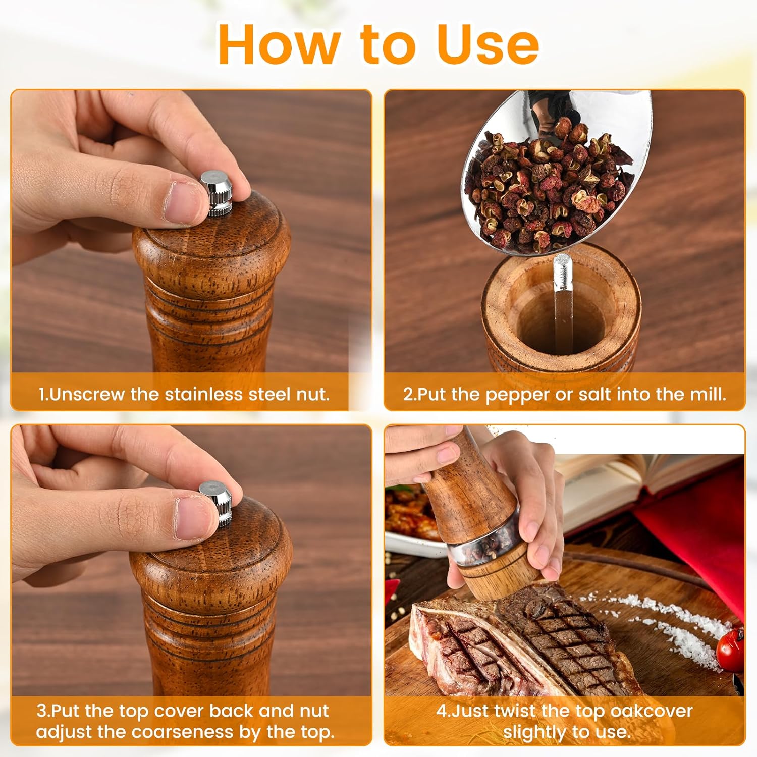 Adjustable Stylish 6-Inch Refillable Salt Pepper Mill Set