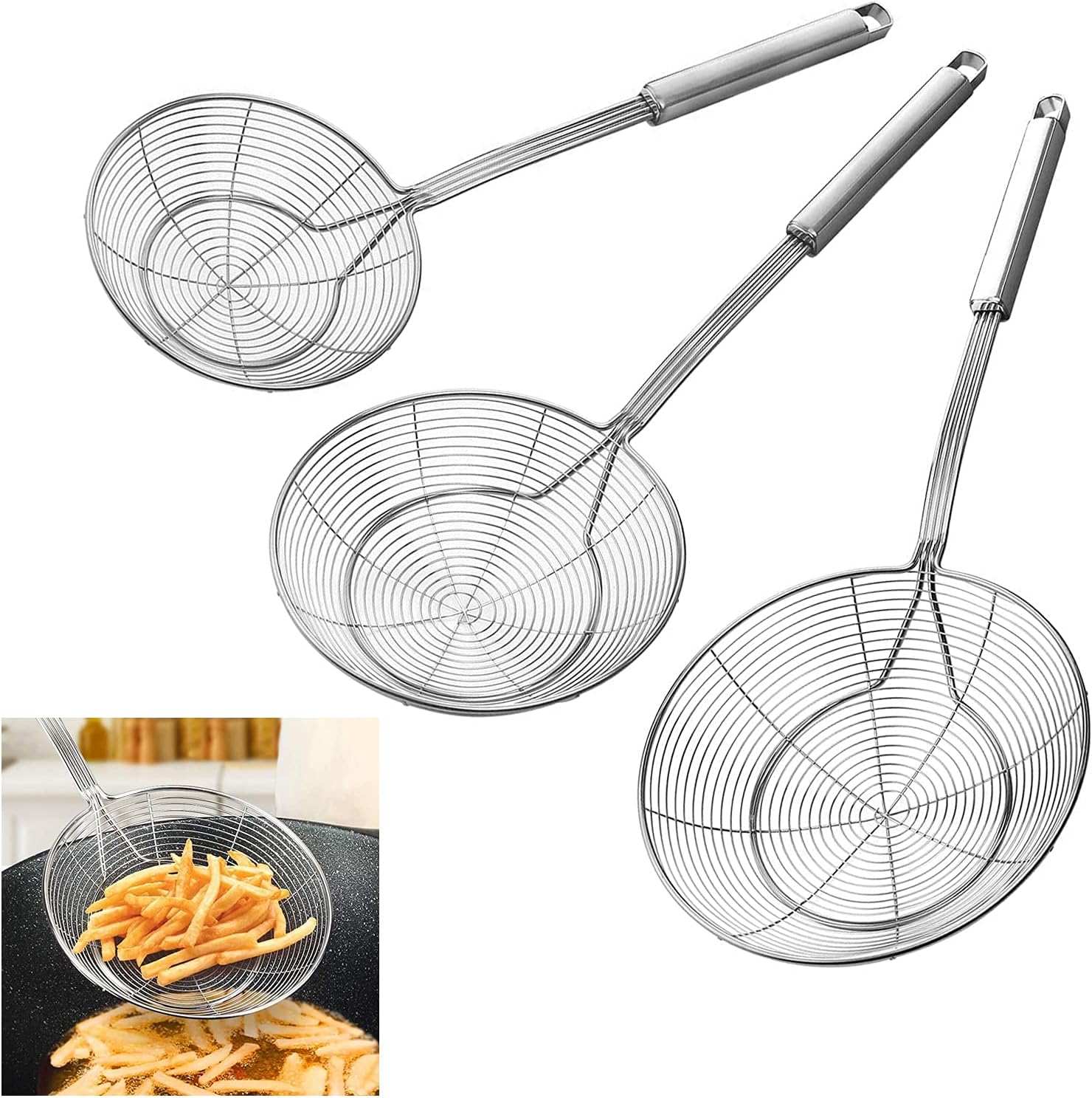 KEISSCO Stainless Steel Spider Skimmer Spoon Set 3-Piece Professional Kitchen Tool