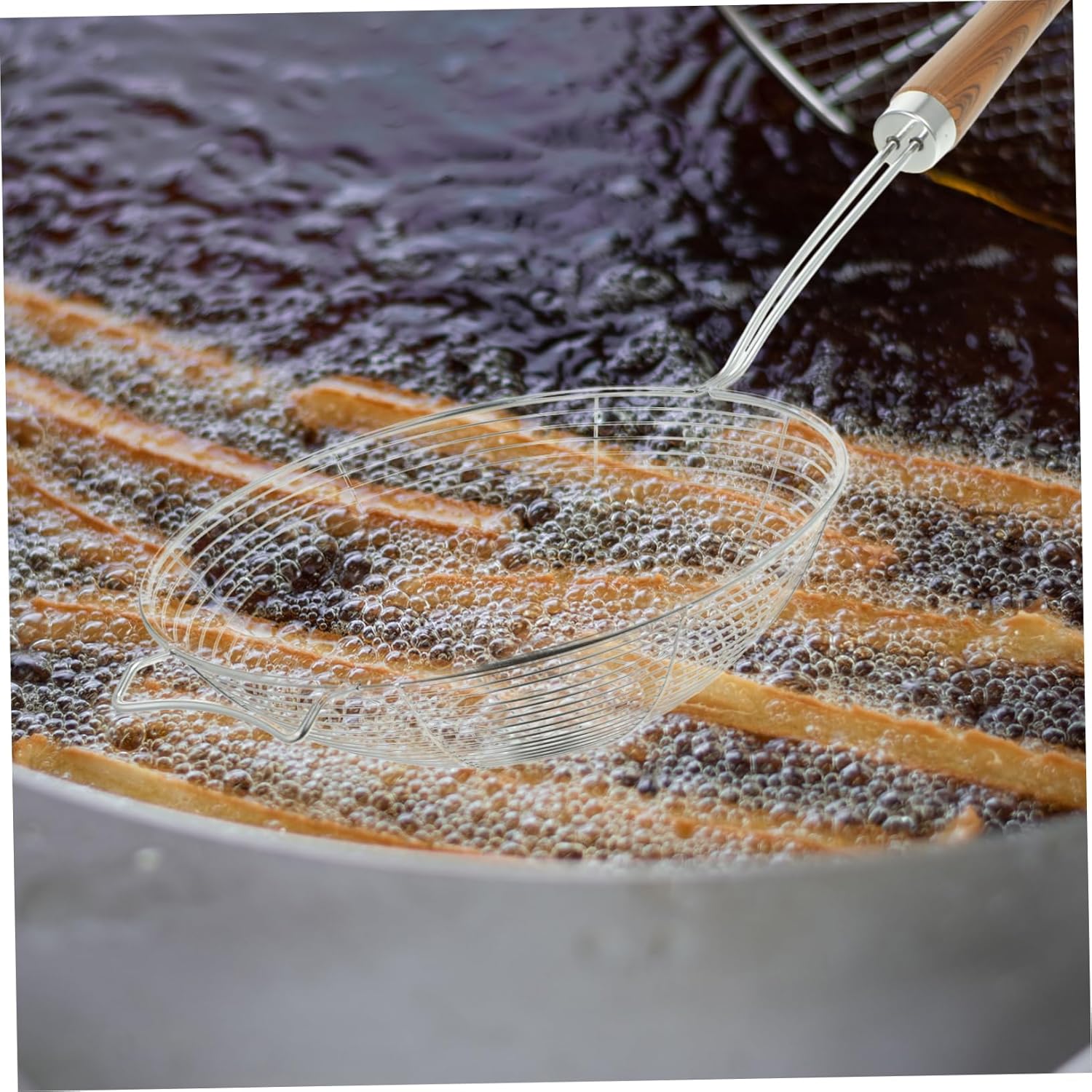 304 Stainless Steel Kitchen Colander with Wooden Handle for Easy Cooking