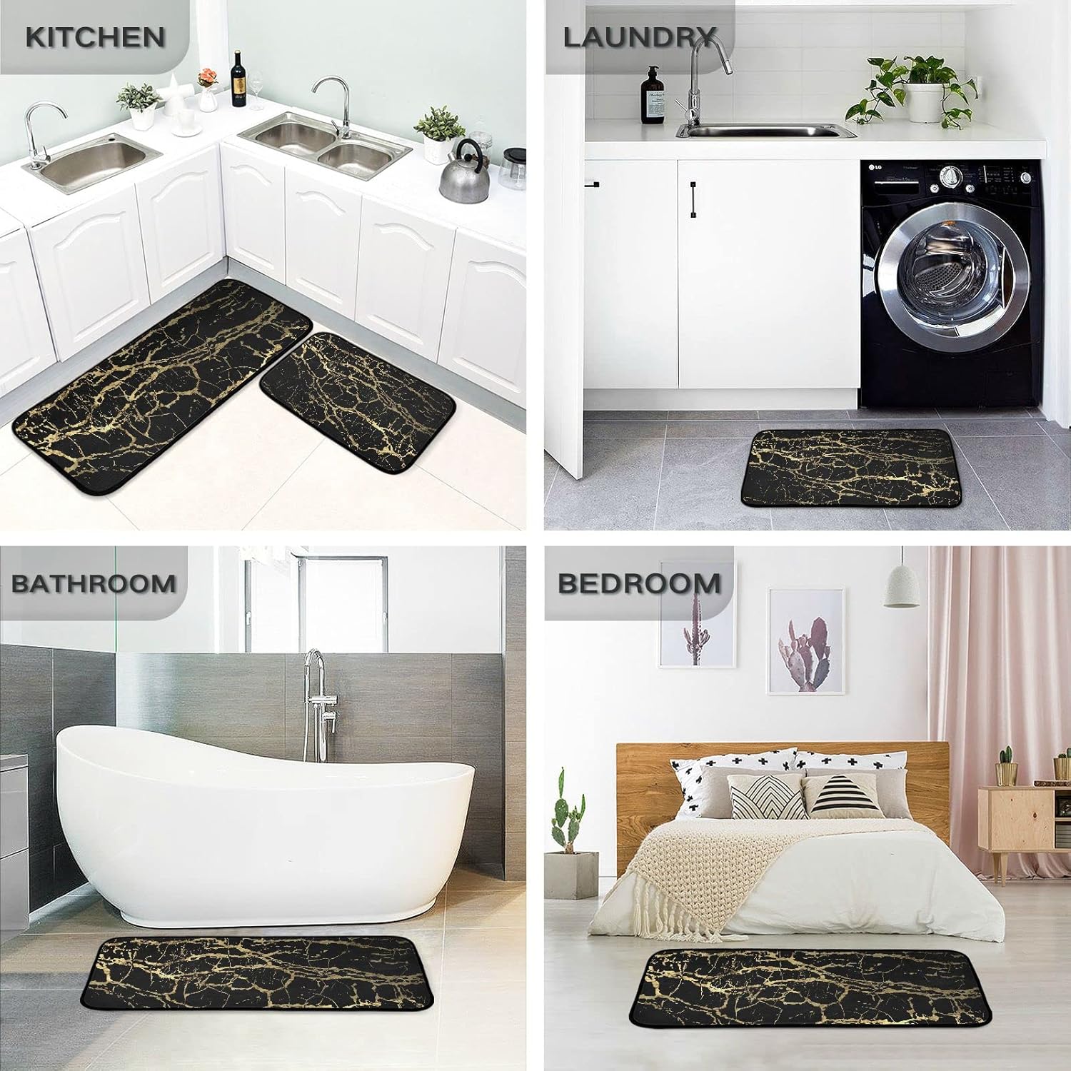 JIPONI Black Gold Marble Kitchen Rugs Set of 2
