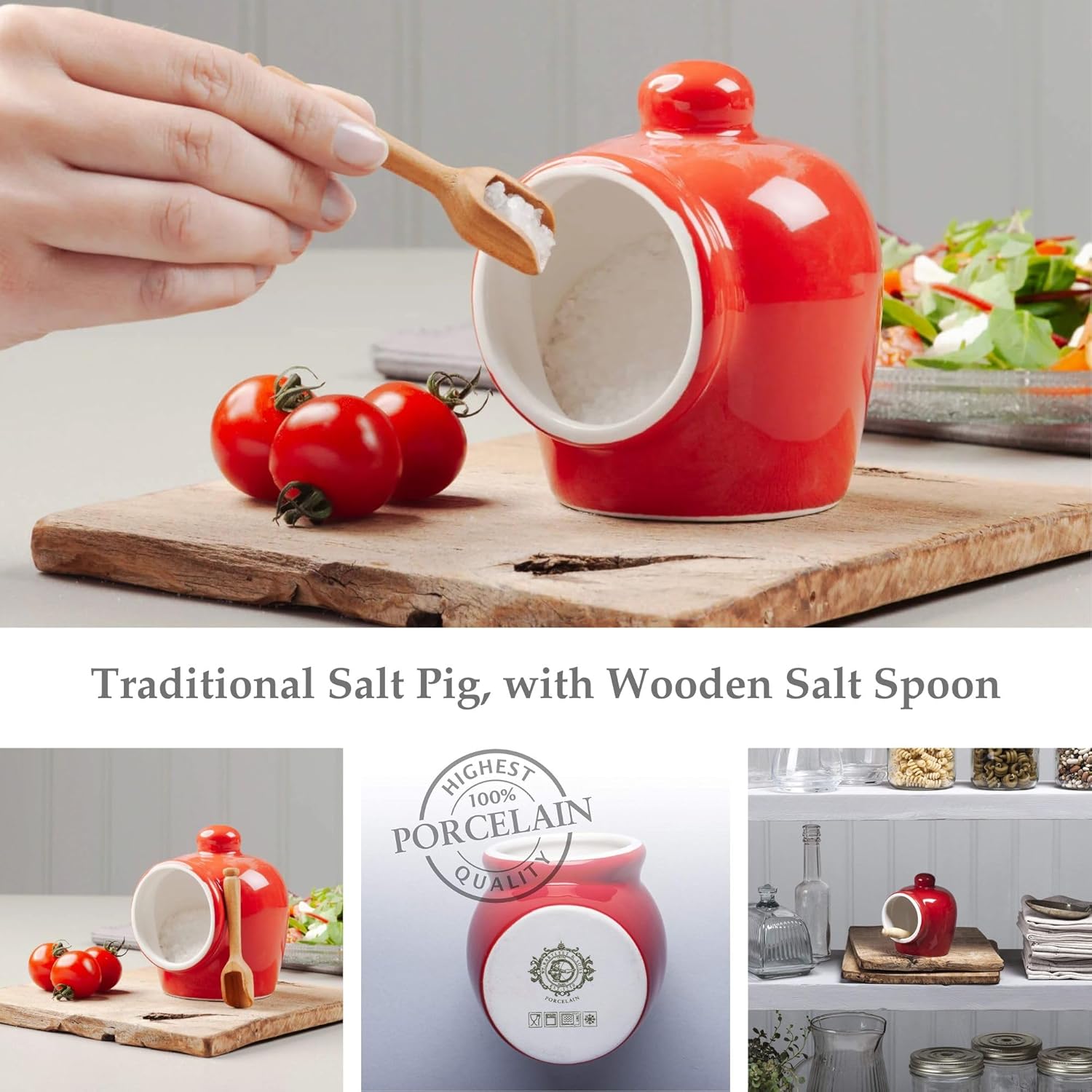 WM Bartleet Sons 1750 Traditional Salt Pig with Wooden Spoon Red 9cm