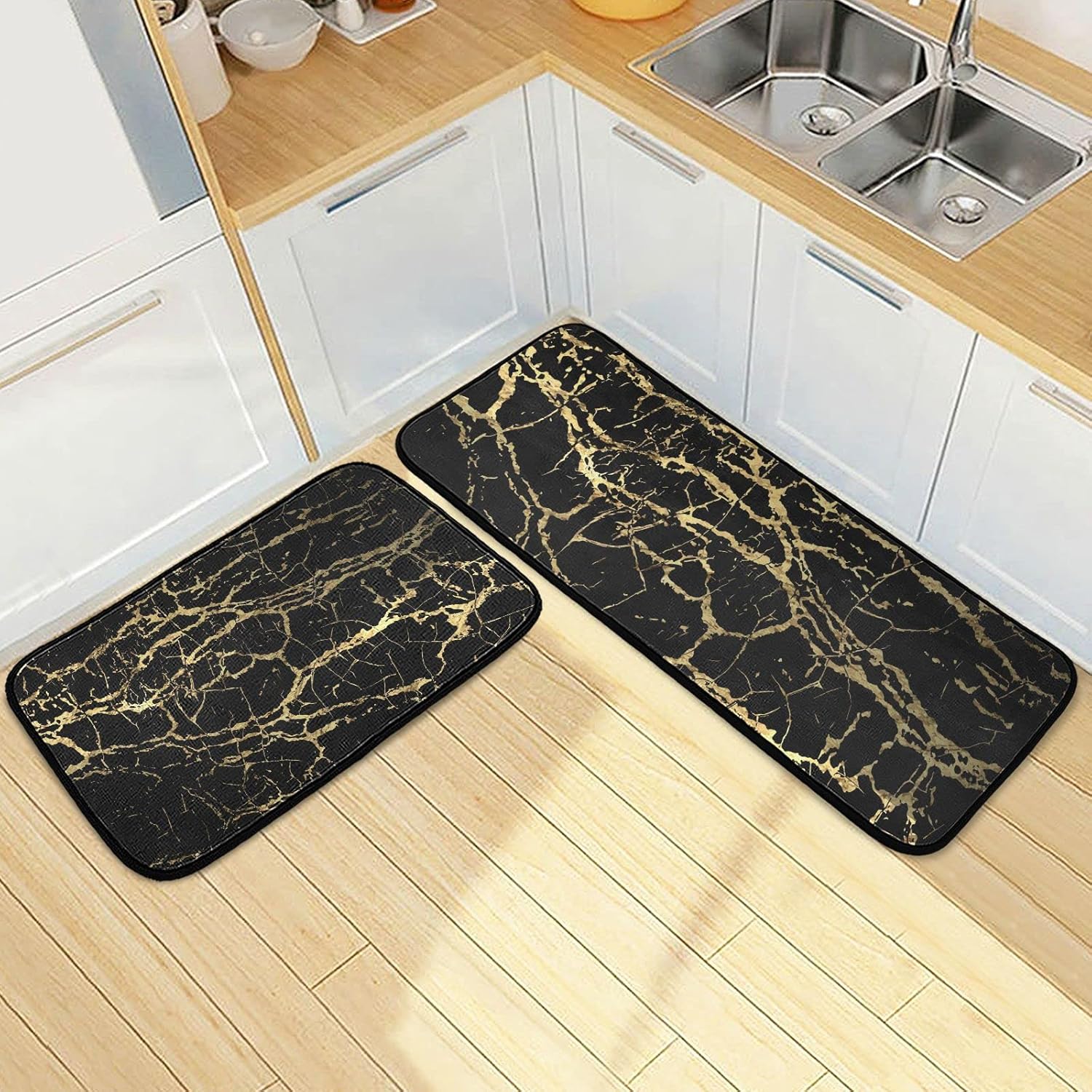 JIPONI Black Gold Marble Kitchen Rugs Set of 2