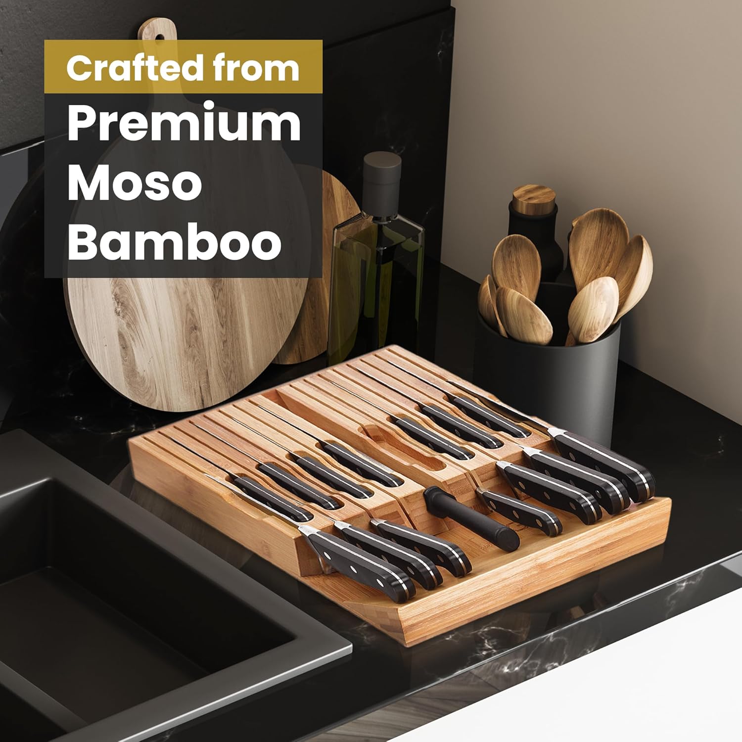 Eltow Bamboo Knife Organizer Sturdy Storage Solution for 16 Knives Chopsticks