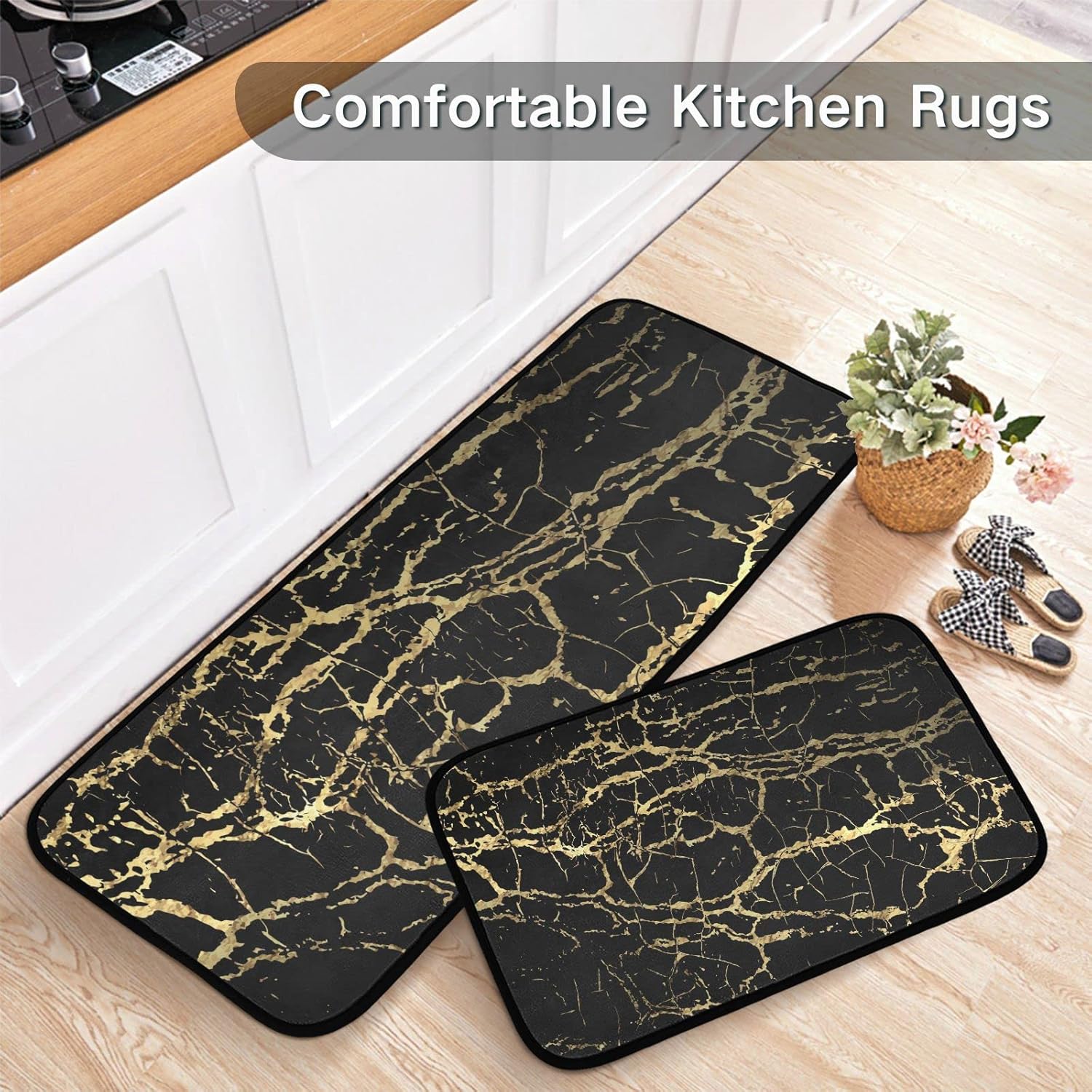JIPONI Black Gold Marble Kitchen Rugs Set of 2