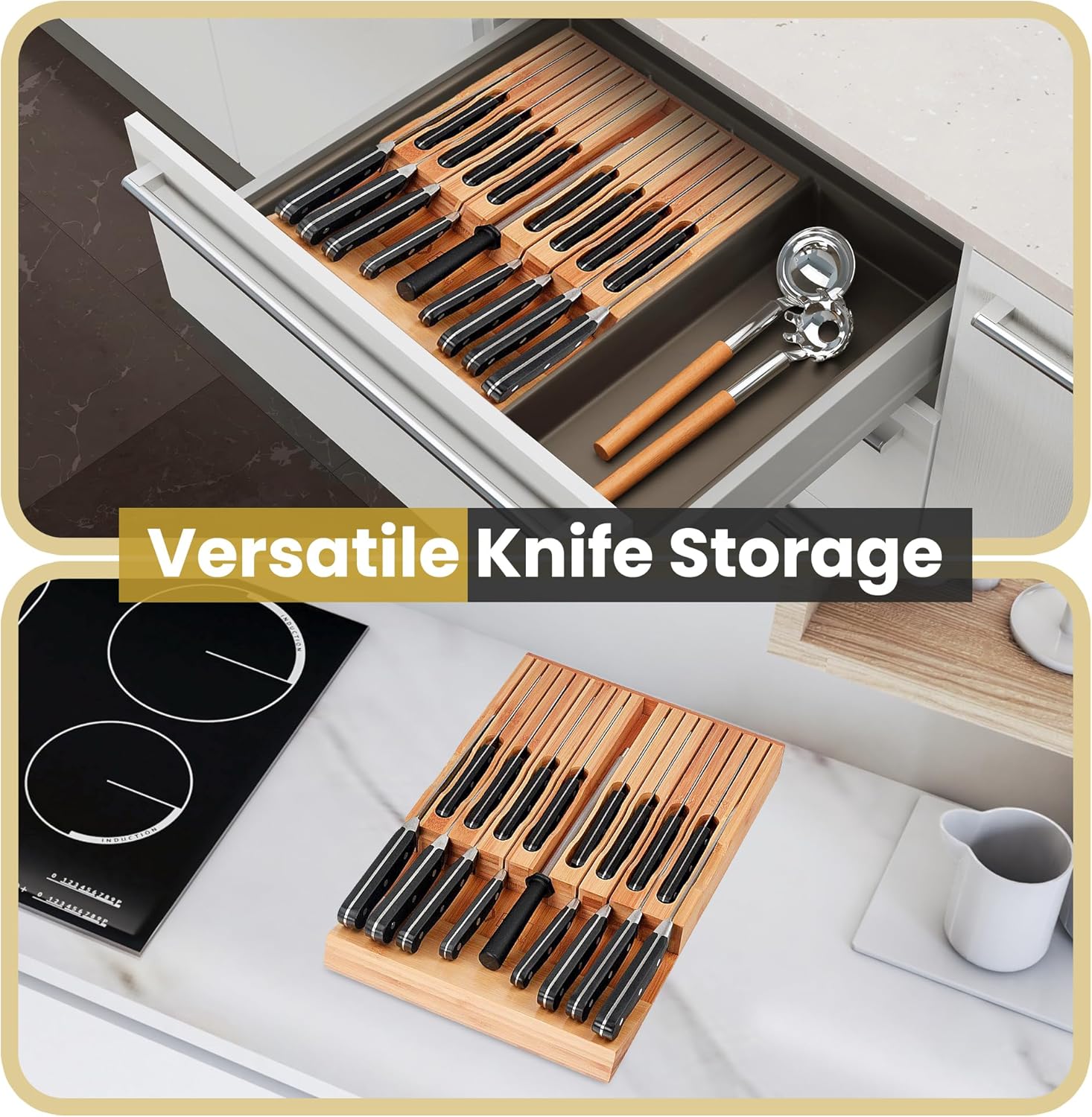 Eltow Bamboo Knife Organizer Sturdy Storage Solution for 16 Knives Chopsticks
