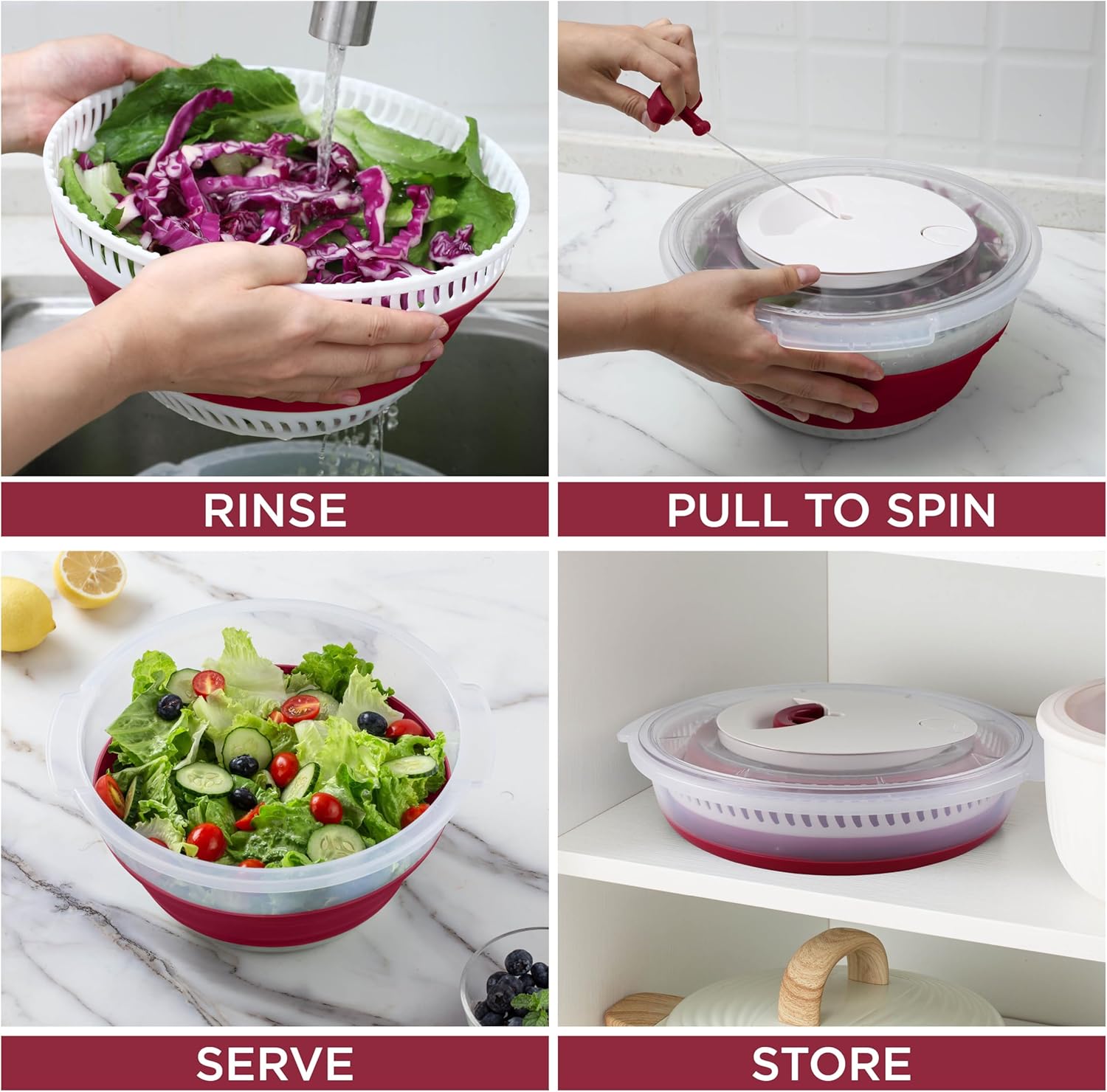 Collapsible Salad Spinner SA 4 QT Durable Kitchen Essential with Rose Design