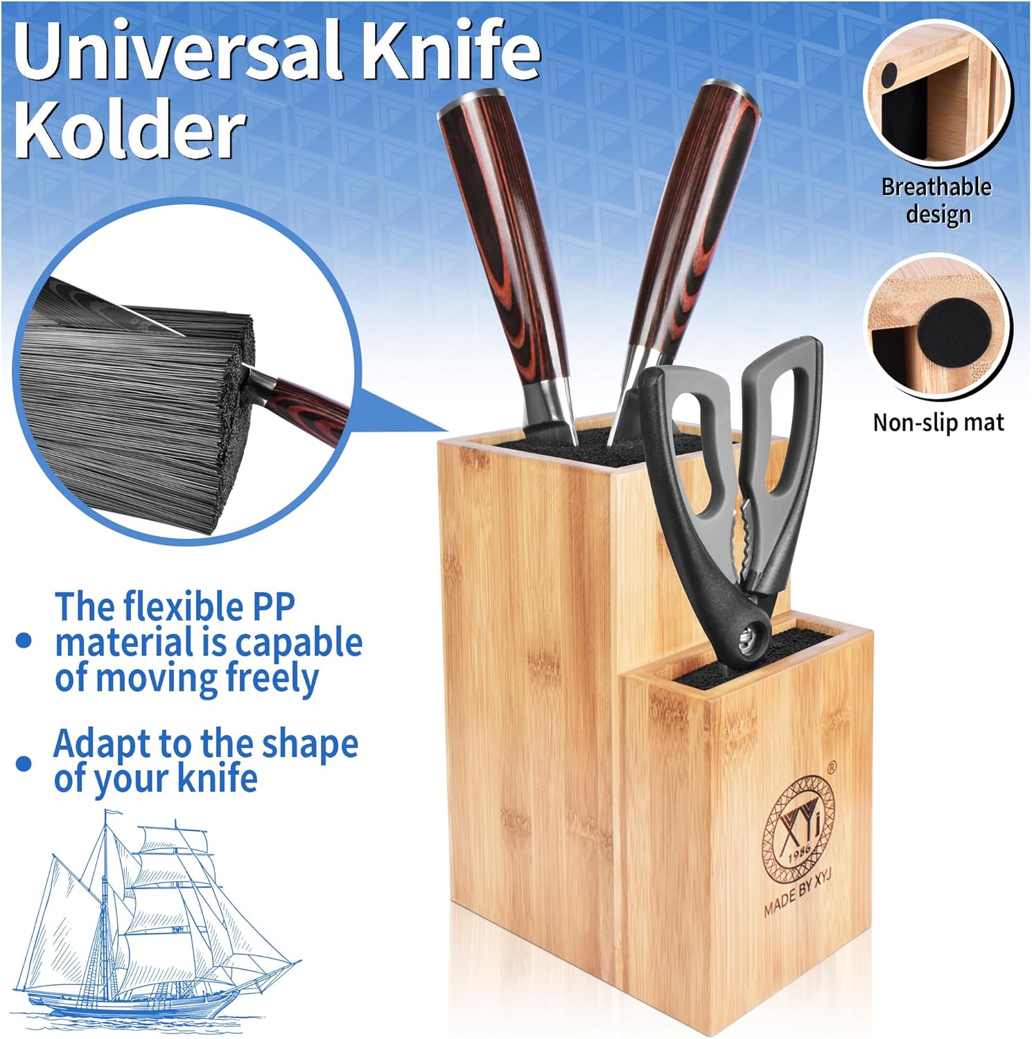 Bamboo Knife Holder with Non-Slip Base