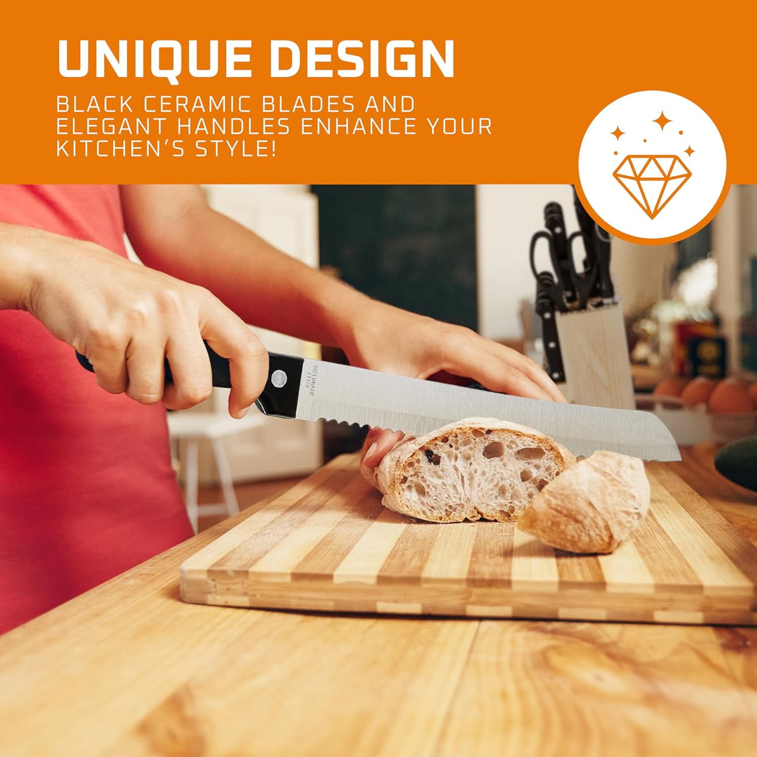 Bruntmor Black Professional Kitchen Knives Set with Built-in Sharpener