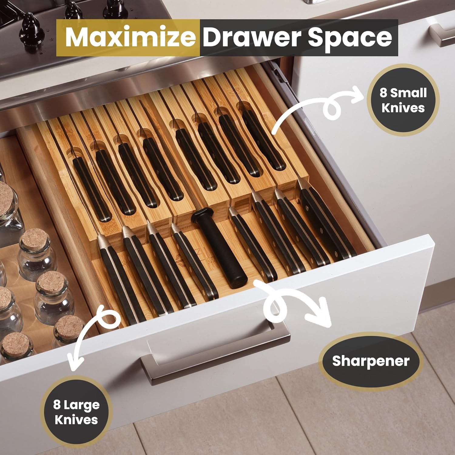 Eltow Bamboo Knife Organizer Sturdy Storage Solution for 16 Knives Chopsticks