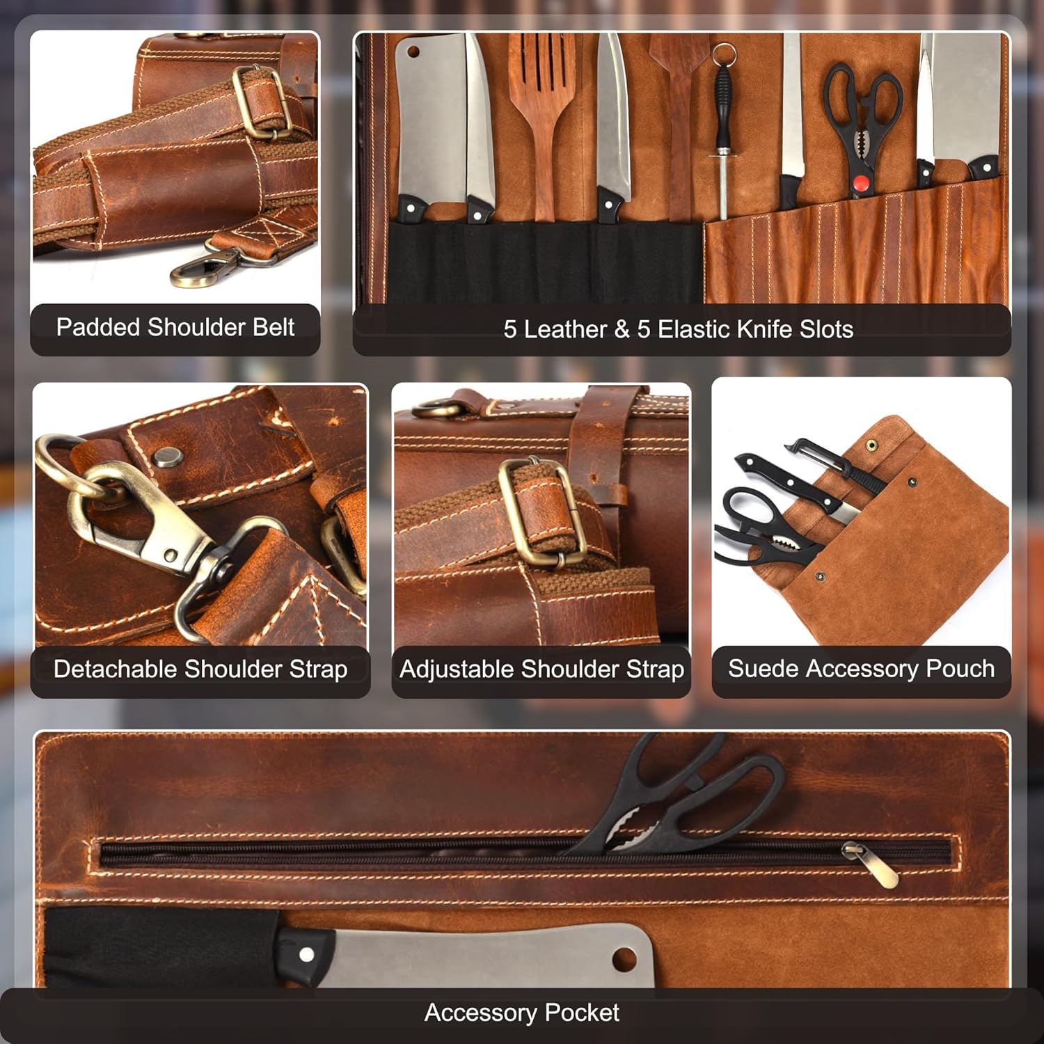 Stylish premium leather chef knife roll case