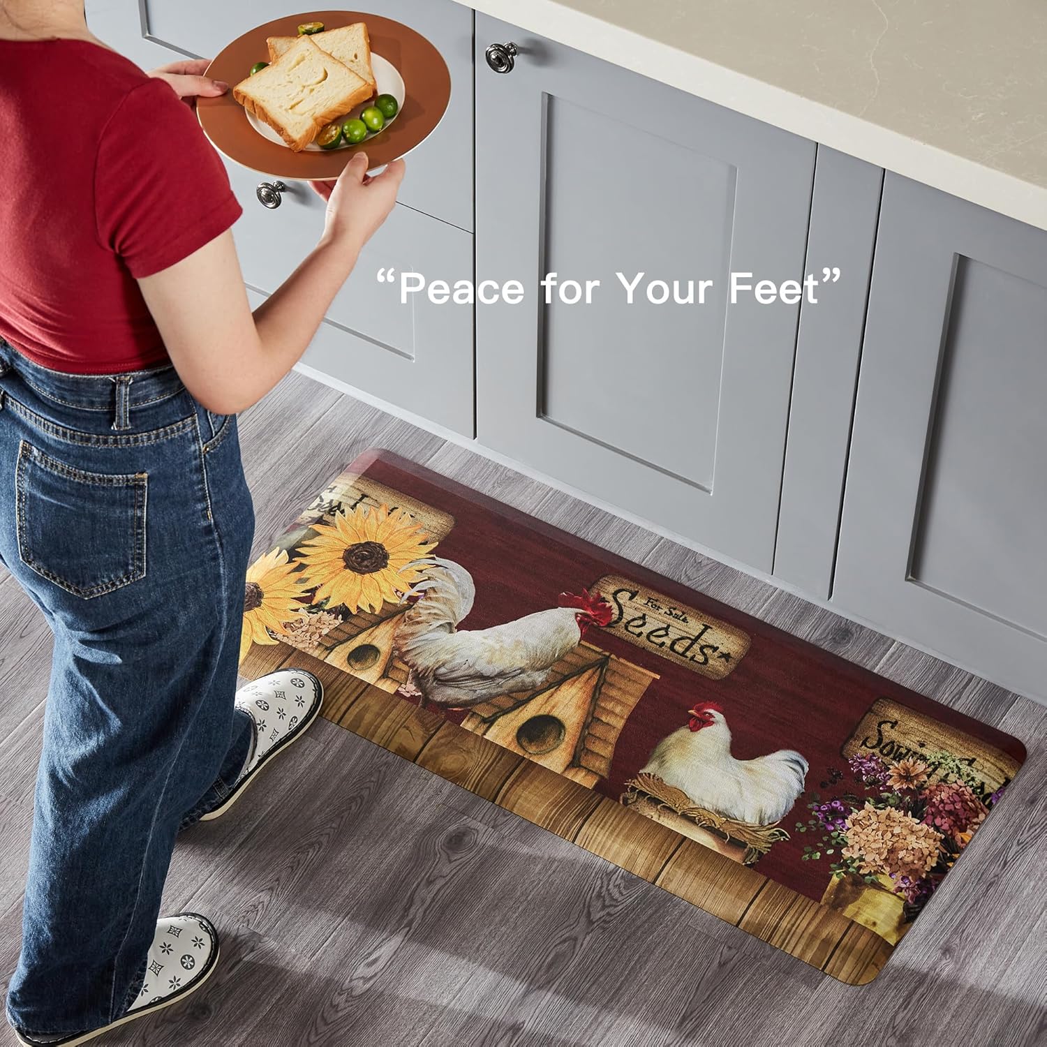 Multi-Colored Rooster Kitchen Mat